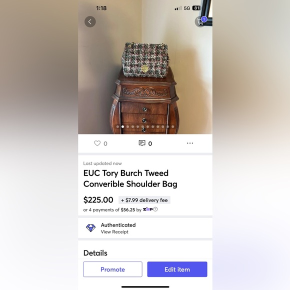 EUC Tory Burch Tweed Converible Shoulder Bag - Picture 16 of 16